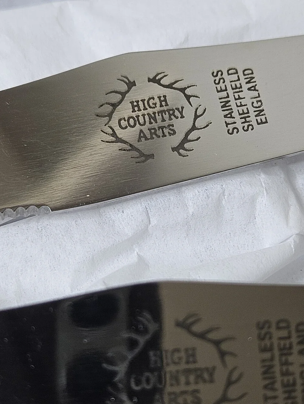 Six Sheffield Stag Antler Steak Knives High Country Arts Genuine Gold End NIB